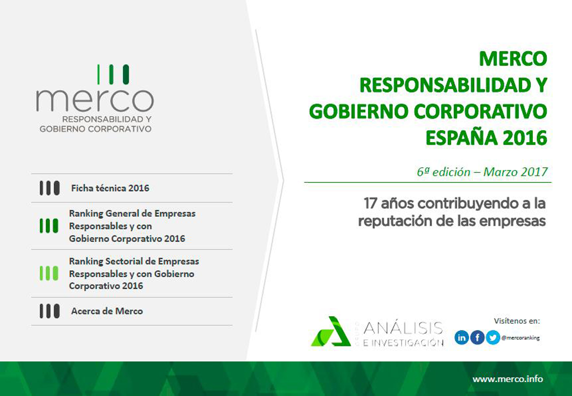 Home page of the Merco Ranking of Responsibility and Corporate Governance Spain 2016